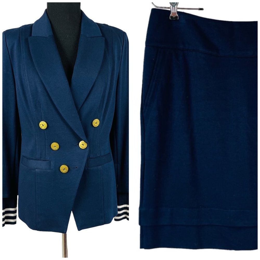 Cabi Navy Blue GRAND SLAM Nautical Double Breasted Blazer Skirt Set Navy…